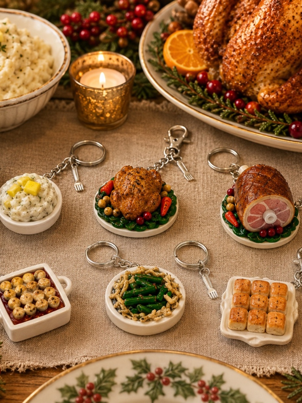 Thanksgiving/Christmas Dinner Food Keychain or Bag Clip | Handmade Holiday Food